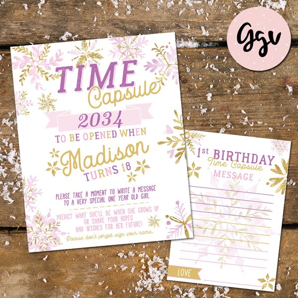 Winter Onederland Time Capsule Poster: Girl 1st Birthday (Digital File)