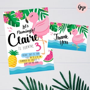 Convite de aniversário de flamingo, festa de flamingo, convite de flamingo, convite tropical, flamingo rosa, convite para impressão, cartão de agradecimento de flamingo