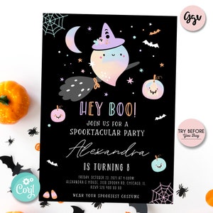 May include: A black and white Halloween party invitation with a cute cartoon ghost wearing a witch hat and riding a broom. The text reads "Hey Boo! Join us for a Spooktacular Party Alexandra is turning 8. Friday, October 23, 2021 at 4:00 PM. Alexandra's House 3130 Spooky Rd, Chicago, IL. RSVP 520 400 00 00. Wear your spookiest costume."