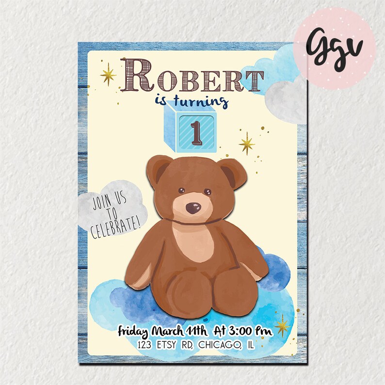 1st Birthday Invitation First Birthday Teddy Bear Teddy Etsy