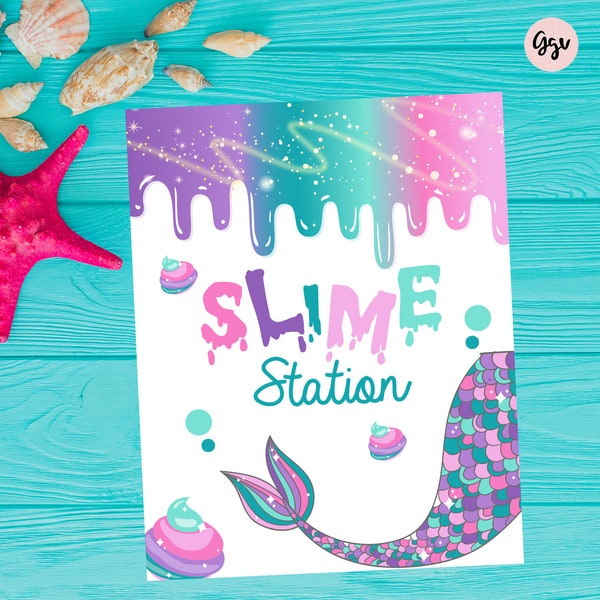 MERMAID SLIME STATION sign, printable slime sign, mermaid slime decor, mermaid birthday party