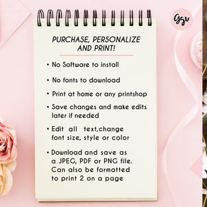 May include: A spiral-bound notepad with the text "PURCHASE, PERSONALIZE AND PRINT!" and bullet points detailing the product's features. The notepad is on a pink background with floral and ribbon accents.