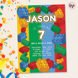 Building blocks invitation, building blocks party, editable building blocks invitation, colorful blocks birthday party invite, BB1