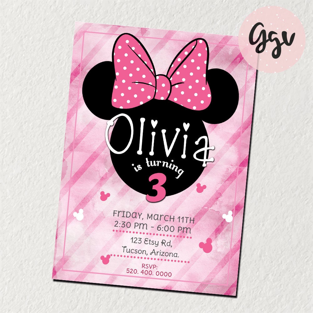 Minnie Mouse Anniversaire Invitations D'IMPRIMER votre propre digital rose Minnie Mouse Anniversaire Invitations D'IMPRIMER votre propre digital rose