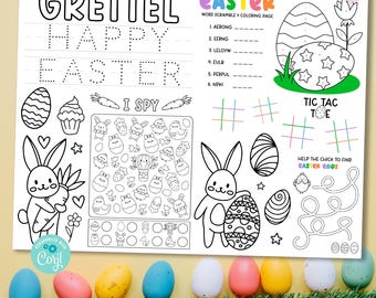 May include: A printable Easter activity sheet featuring a word scramble, I Spy game, tic-tac-toe, and a maze. The sheet includes a bunny holding an egg, a cupcake, and a carrot. The text on the sheet reads "Grettel Easter Happy Easter I Spy Tic Tac Toe Help the chick to find Easter Eggs".
