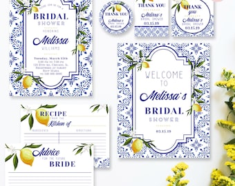LEMON BRIDAL SHOWER invitation, navy printable bridal shower, bridal brunch invite, bridal shower favors, blue and white bridal shower