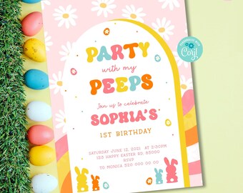 Groovy Easter Birthday Invitation: Peeps Party, Retro Bunny (Editable Template) RG1