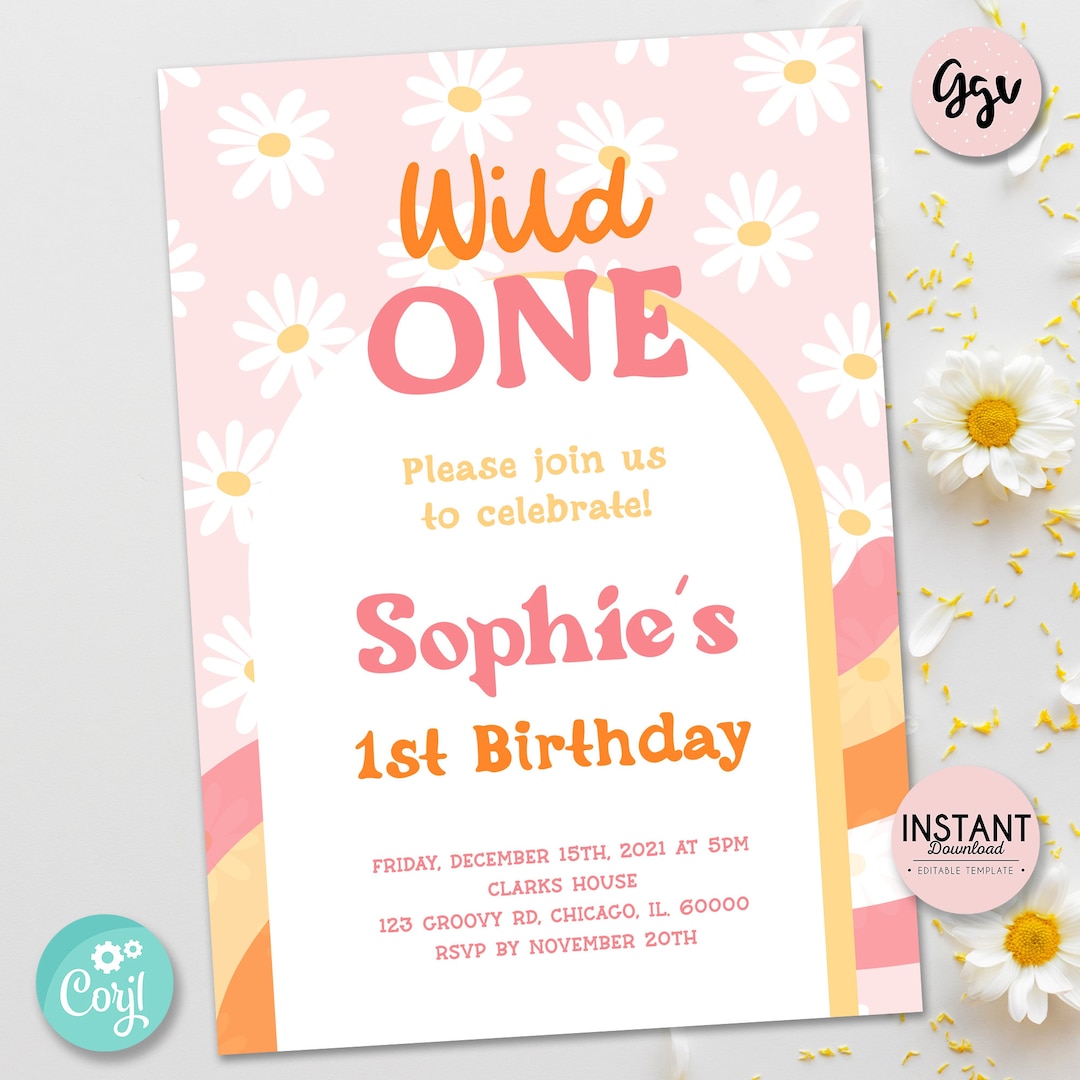Wild ONE Daisy Groovy Birthday Invitation Editable Boho Daisy 70s Party ...