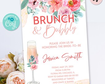 Invito per brunch nuziale con fiori rosa: invito modificabile con champagne