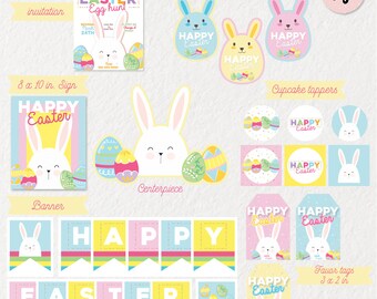 EASTER PARTY KIT, easter egg hunt, easter bunny, easter decoration, printable easter, easter party decor, easter party favors