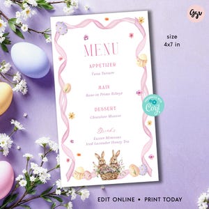Plantilla editable para menú de brunch de Pascua: Decoración de mesa con conejito (10 x 18 cm)