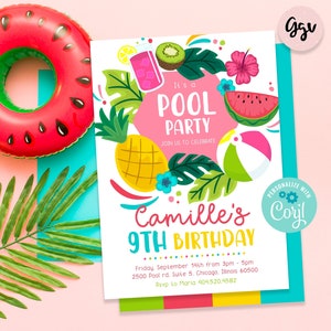 Tropical pool party invitation, pineapple birthday, girl pool party invite, instant download, summer party, swim party, corjl template, TR01