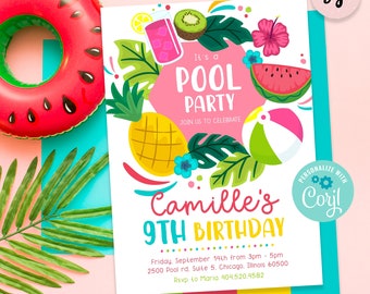 Tropical Pool Party Invitation: Pineapple Birthday (Corjl Template) TR01