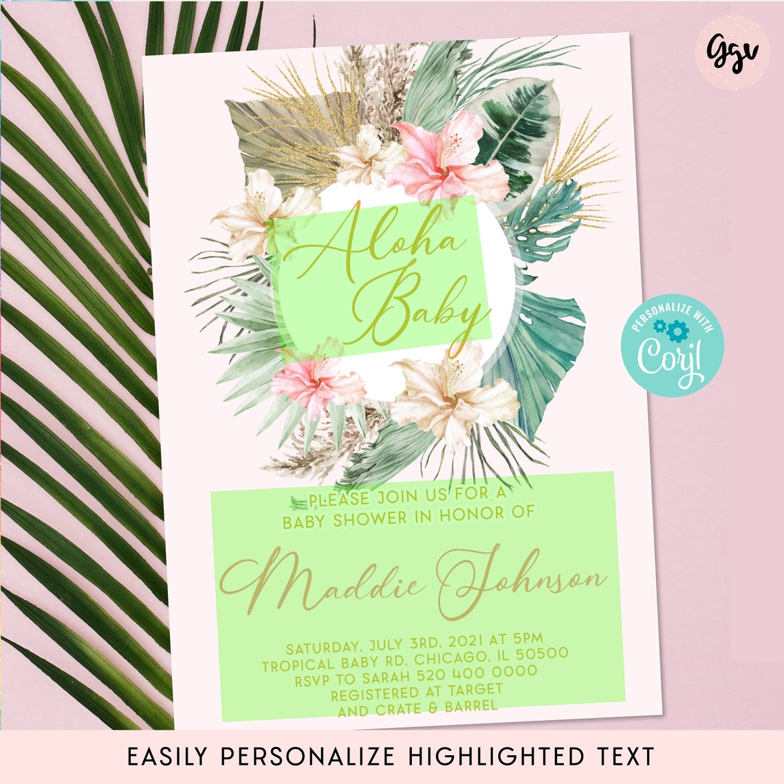Tropical Baby Shower Invitation Template Pink Boho Tropical Etsy