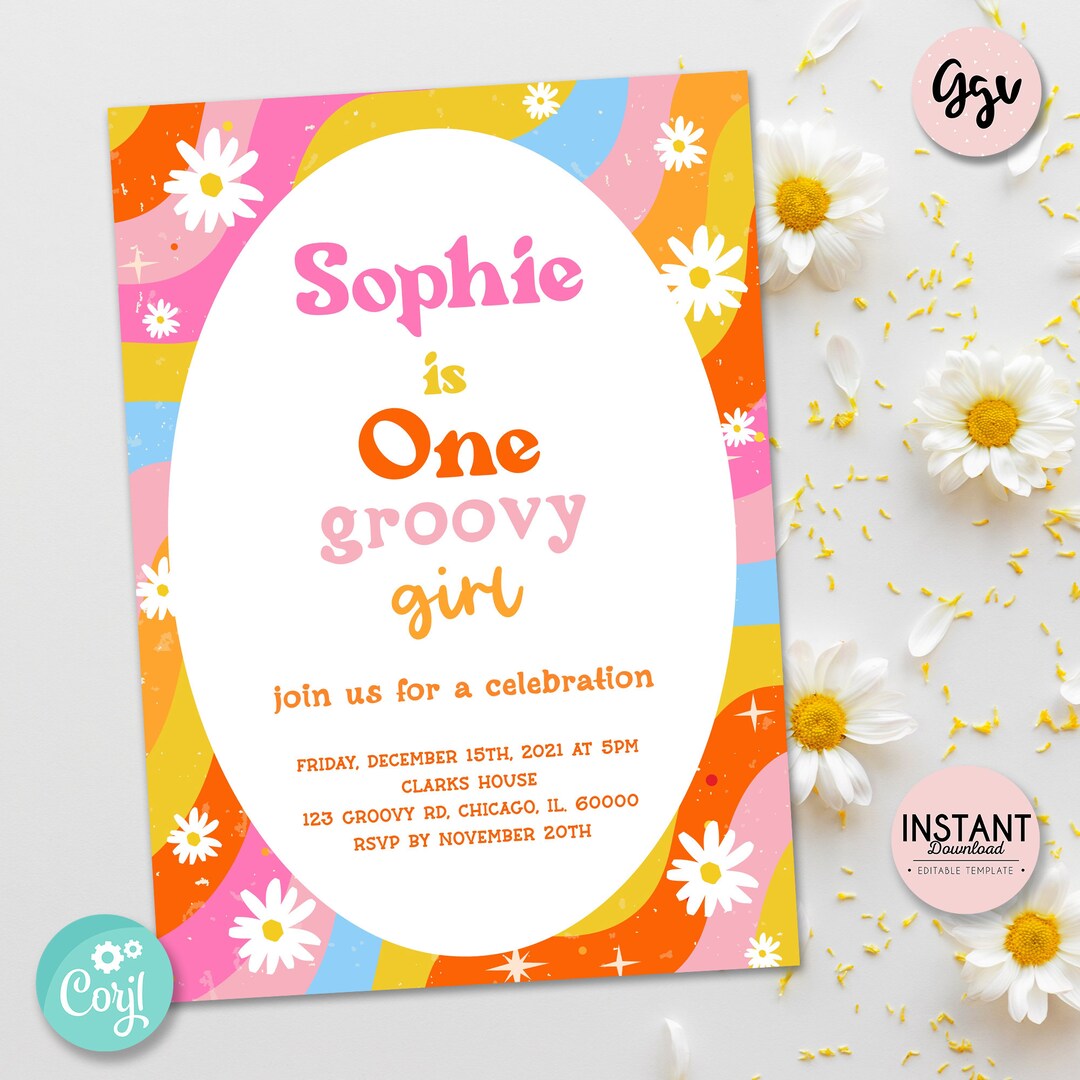 Editable ONE Groovy Girl Invitation Retro 70s Groovy Birthday Party ...
