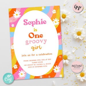 Groovy Girl 1st Birthday Invitation: Retro Daisy Party (Editable) RG1
