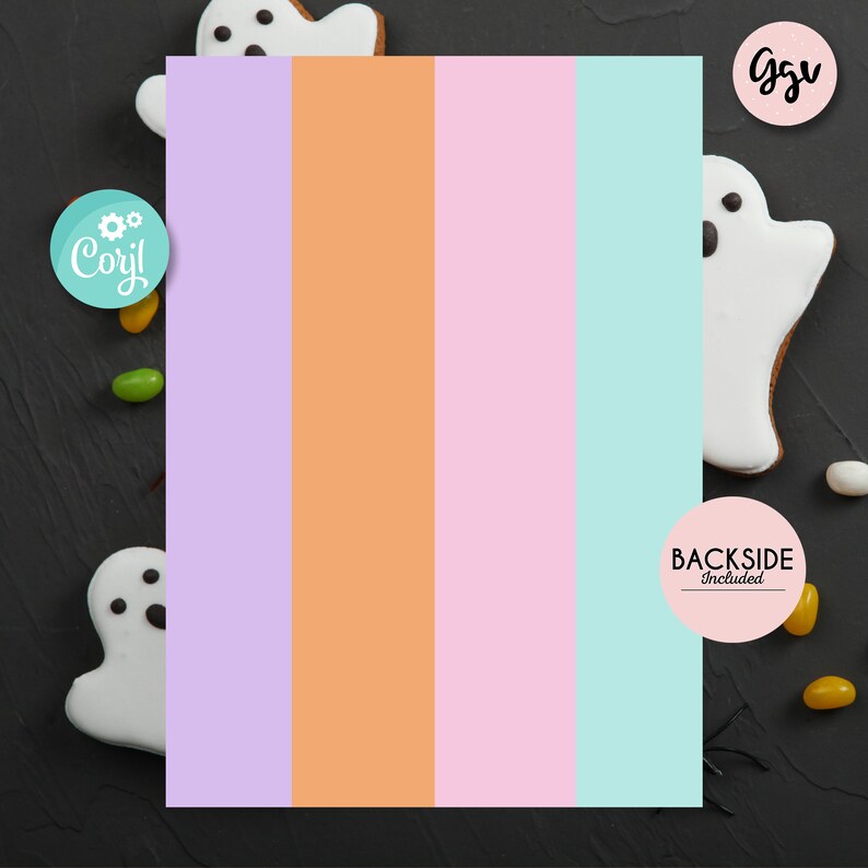 May include: A vertical design with four pastel color blocks: lavender, peach, pink, and aqua. The design is surrounded by Halloween-themed cookies and candies on a black surface. The text "Corjl" and "Backside Included" are visible.