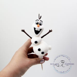 May include: A white snowman cake topper with black eyes, a carrot nose, and a wide, open mouth. The snowman has stick arms and hair. The cake topper is held by a wooden skewer.