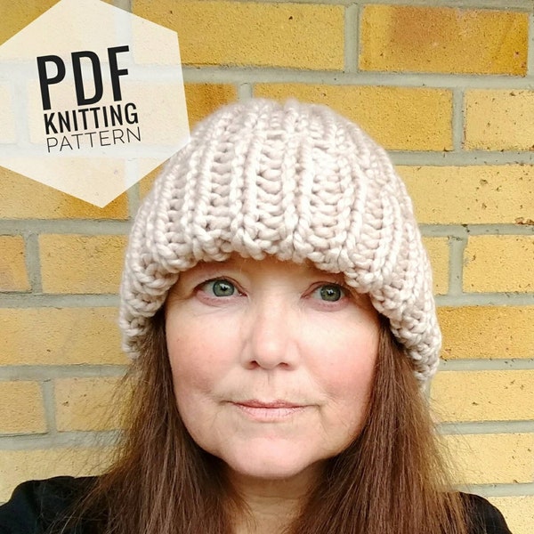 easy beginners  super chunky bulky knitted beanie hat pattern, Sizes M-XL, Winter hat, knitting pattern simple ribbed hat in  English