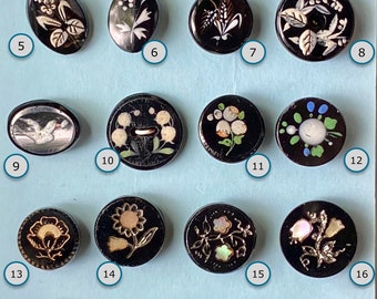 CHOICE of ONE Antique Black Glass NBS Small Button Tiles Pearl Inlays Heat Fired Enamel Paisley 10 Point Star