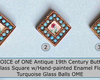 Unique  Hard-to-find Antique  19th Century Black Glass Button NBS Medium Square w/Gold Luster Hand-painted Enamel & Turquoise Glass Ball OME