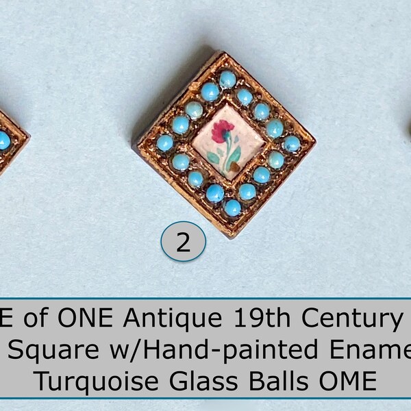 Unique  Hard-to-find Antique  19th Century Black Glass Button NBS Medium Square w/Gold Luster Hand-painted Enamel & Turquoise Glass Ball OME