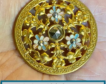 Sweet Pierced Brass w/Cut Steels & Paint Flowers Button NBS Large Antique 19th Century