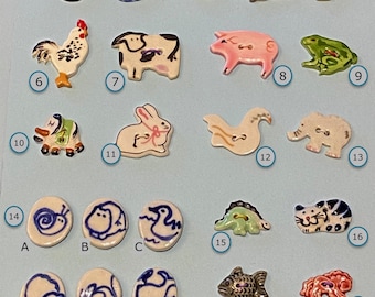 20th Century Vintage Ceramic Animal Button Cat Rabbit Hedgehog Lamb Chick Rooster Cow Pig Frog Elephant Snail Hippo Mouse Fish Dinosaur