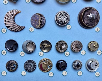 CHOICE of ONE Heavenly Bodies Button Mostly Antique Stars Crescent Moon Comets