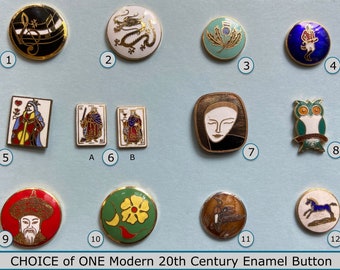 CHOICE of ONE Modern Late 20th Century Enamel Button NBS Small & Medium Music Dragon Thistle Fox Queen of Hearts Tarot Cards Owl Duck Horse