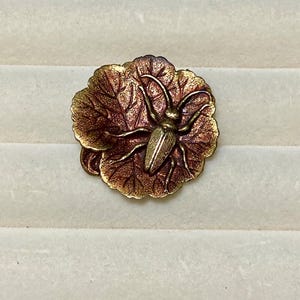 May include: A circular metal brooch featuring a detailed relief of a beetle resting on a textured leaf. The piece displays a warm, burnished copper and bronze patina with dark highlights in the crevices of the leaf veins and the insect body.