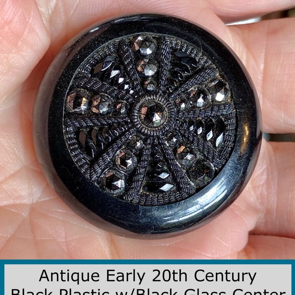 Black Glass Set in Black Plastic NBS Large Button Antique Early 20th Century Faux Cut Steels & Cording Silver Luster