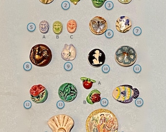 CHOICE of ONE 20th Century Ceramic Button NBS Small Medium or Large Iris Corn Chinaman Dragonfly Masks Rabbit Poodle Fish Bird Shell Rose