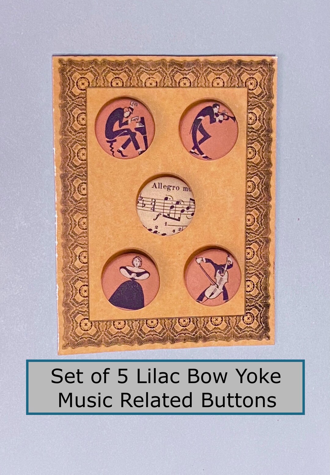 Card With Set of 5 Lilac Bow Yoke Textile Fabric Music Related Buttons ...