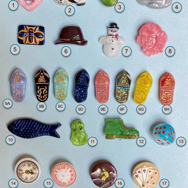 CHOICE of ONE 20th Century Glass Button NBS Small Medium or Large Fish Dice Snowman Girl Cat Heart Bee Shoe Boot Rabbit Bug