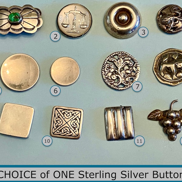 CHOICE of ONE Sterling Silver Button NBS Medium or Small Mexican British Sterling Flowers Libra Scales Fowl Lion Grapes Indian Concho