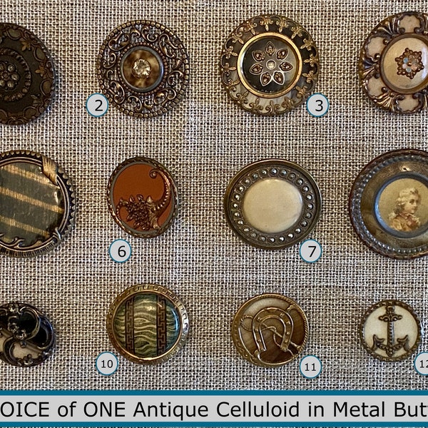 CHOICE of ONE Antique Early 20th Century Celluloid in Metal Button