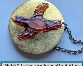 Mid-20th Century Snapette Button NBS Large Brass Disc w/Attached Plastic Quail or Duck