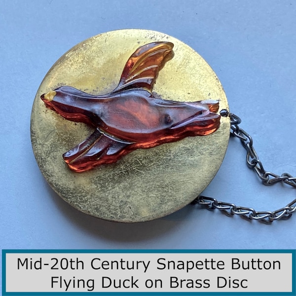 Mid-20th Century Snapette Button NBS Large Brass Disc w/Attached Plastic Quail or Duck