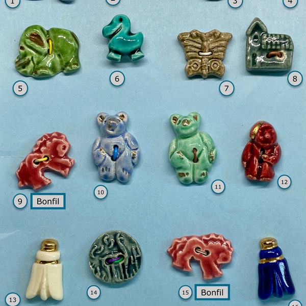 CHOICE of ONE Mid-20th Century French Ceramic Button Scotty Dog Butterfly Teddy Bear Elephant Horse Duck Lady Bug Elephant Church Dwarf