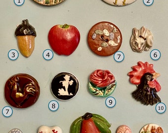 CHOICE of ONE Ceramic Button 20th Century NBS Small Medium or Large Romantic Rooster Acorn Apple Cactus Rabbit Poodle Rose Mask Pearl Heart
