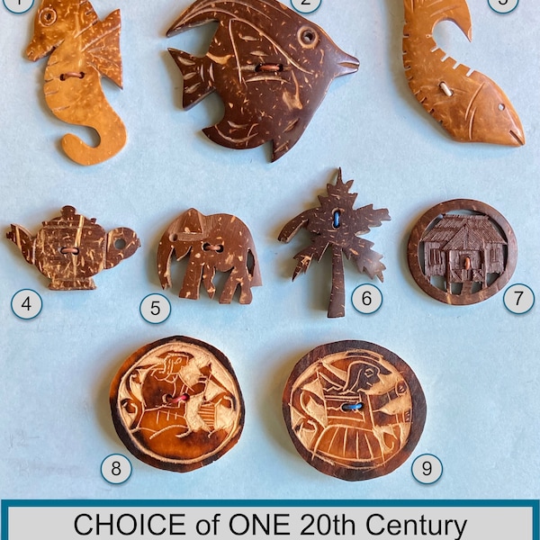CHOICE of ONE Mid-20th Century Coconut Shell or Gourd Button Seahorse Angel Fish Teapot Elephant Palm Tree Cottage