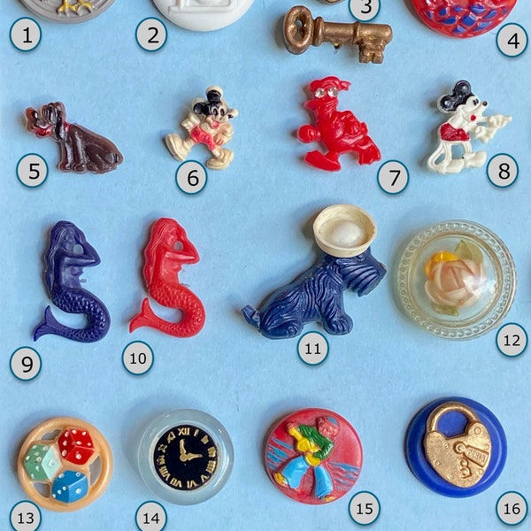 CHOICE of ONE Mid-20th Century Plastic Button NBS Small or Medium Rooster Lock & Key Mickey Mouse Donald Duck Mermaid Clock Face Dice Pluto