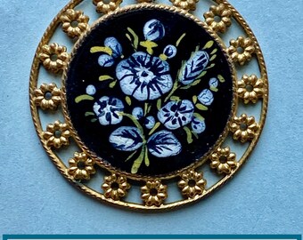 Lovely Enamel NBS Medium Button Antique 19th Century Black White Gray & Yellow Hand-painted  Flowers on a Black Enamel Field