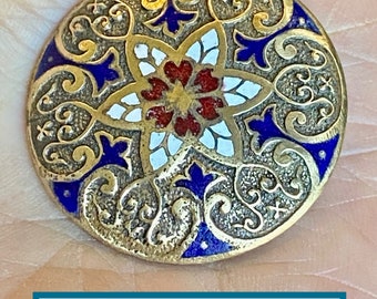 Pretty Antique 19th Century Enamel NBS Large Button 6 Point Star Fleur-de-lis Red White & Blue Champleve Enamel