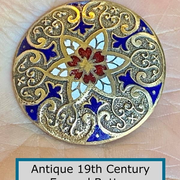 Pretty Antique 19th Century Enamel NBS Large Button 6 Point Star Fleur-de-lis Red White & Blue Champleve Enamel