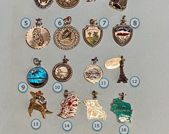 CHOICE of ONE Vintage Silver Tourist Charm Bermuda St Thomas Cherokee Gatlinburg California Alaska NewMexico Tennessee Maine Missouri Canada