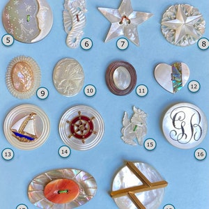 CHOICE of ONE Special Pearl Button NBS Medium & Large Fish Moth Starfish 3-Hole Seahorse Verbal Enamel Sailboat Bethlehem Pearl