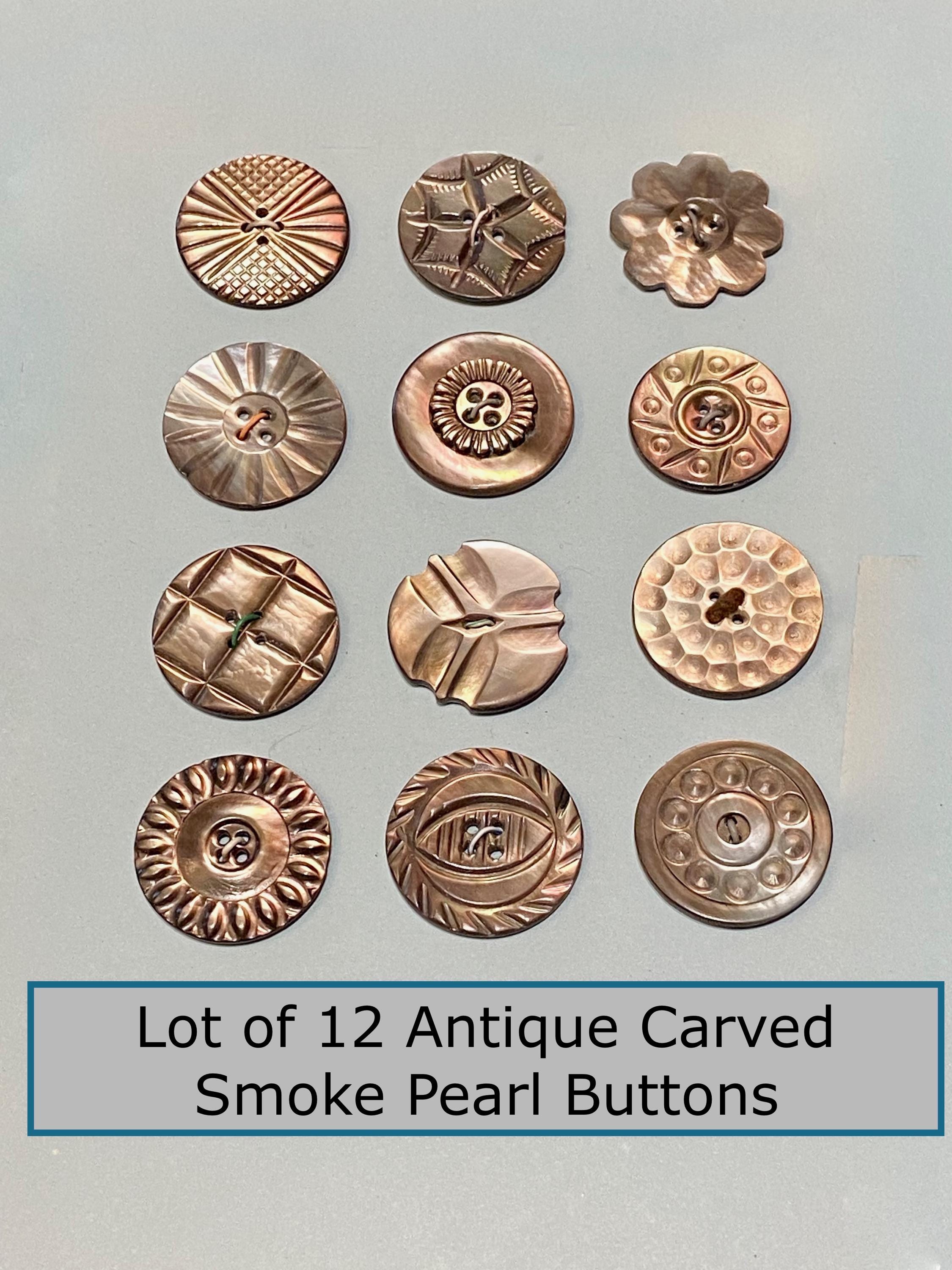 Lot of 12 Antique Carved Smoke Pearl NBS Medium Buttons