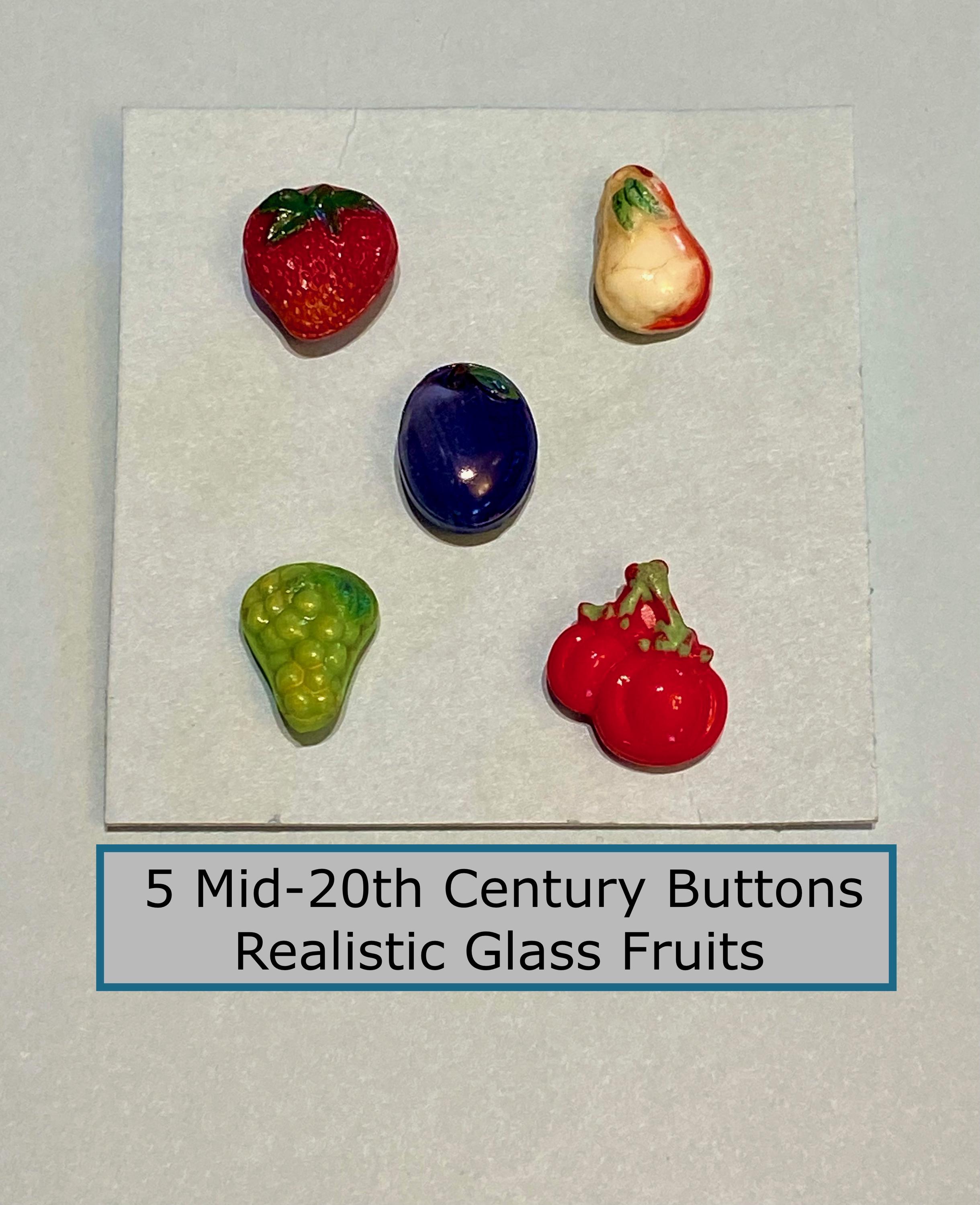 Lot of 5 Mid-20th Century Realistic Glass Fruit Buttons NBS Small Green Grapes Plum Strawberry Pear Cherries